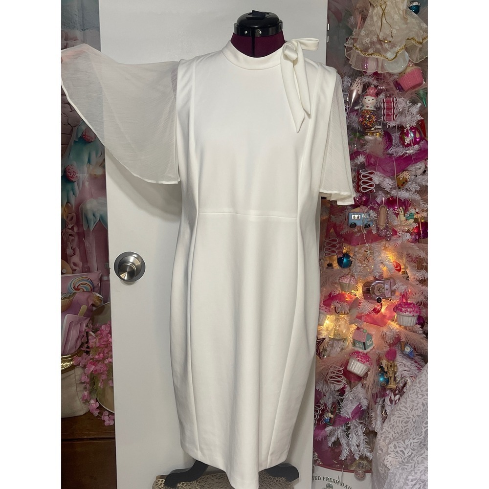 Calvin Klein Sheath Dress Women 16W White Good Tie Neck Flutter Sleeve D3CP2W - Picture 4 of 10